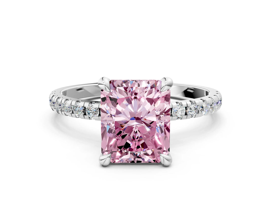White gold Fancy Pink Radiant Cut Diamond Brilliant Solitaire Ring with Pavé Band and Four-Prong Setting_12