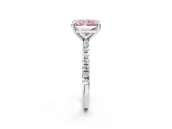 Platinum Fancy Pink Radiant Cut Diamond Brilliant Solitaire Ring with Pavé Band and Four-Prong Setting