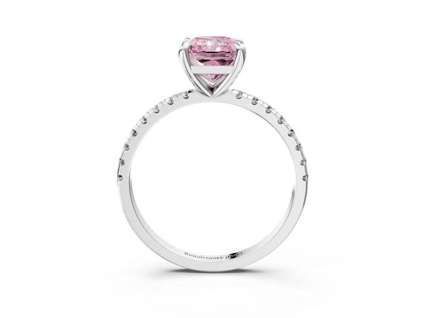 Platinum Fancy Pink Radiant Cut Diamond Brilliant Solitaire Ring with Pavé Band and Four-Prong Setting