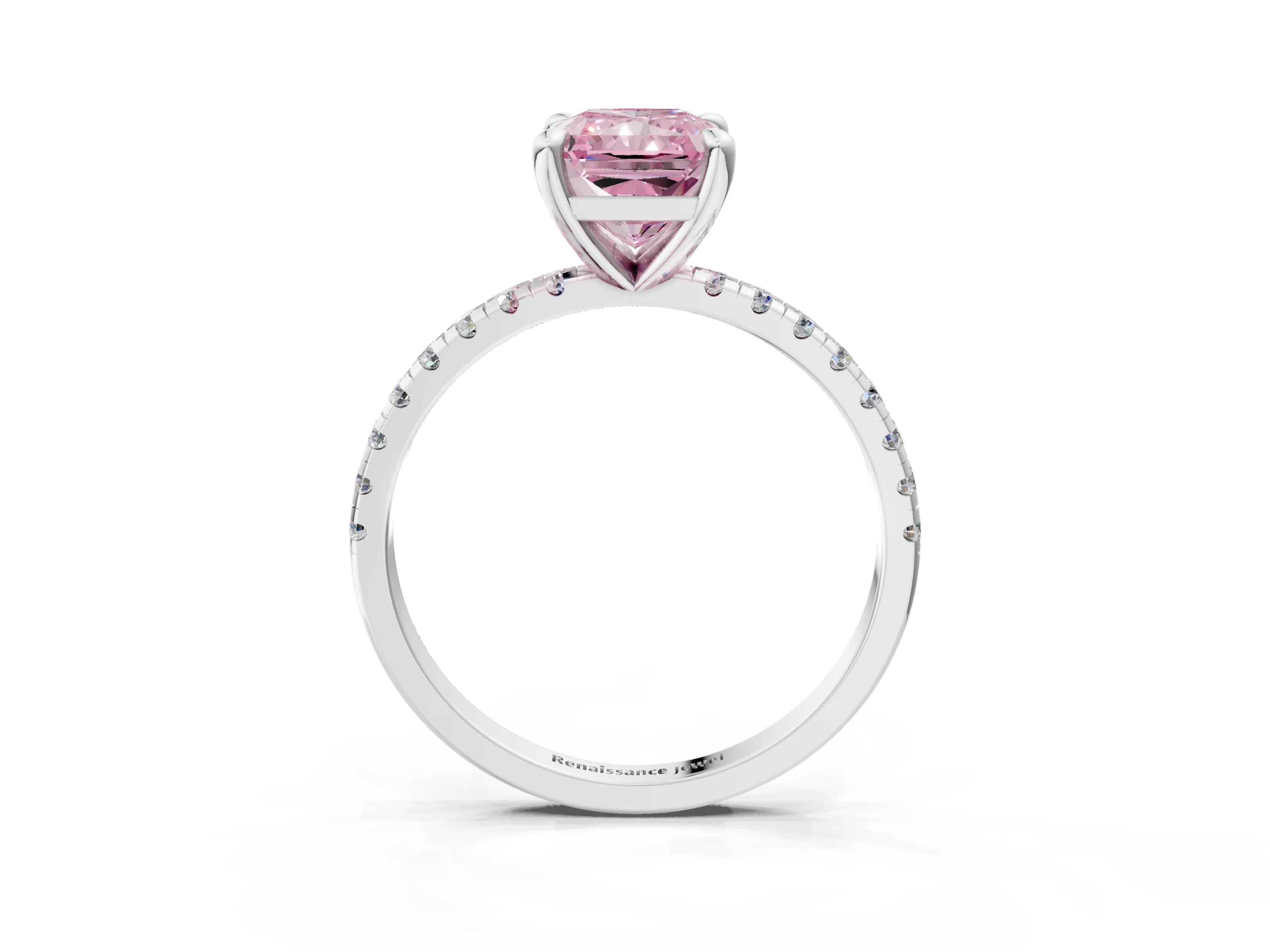 White gold Fancy Pink Radiant Cut Diamond Brilliant Solitaire Ring with Pavé Band and Four-Prong Setting_3