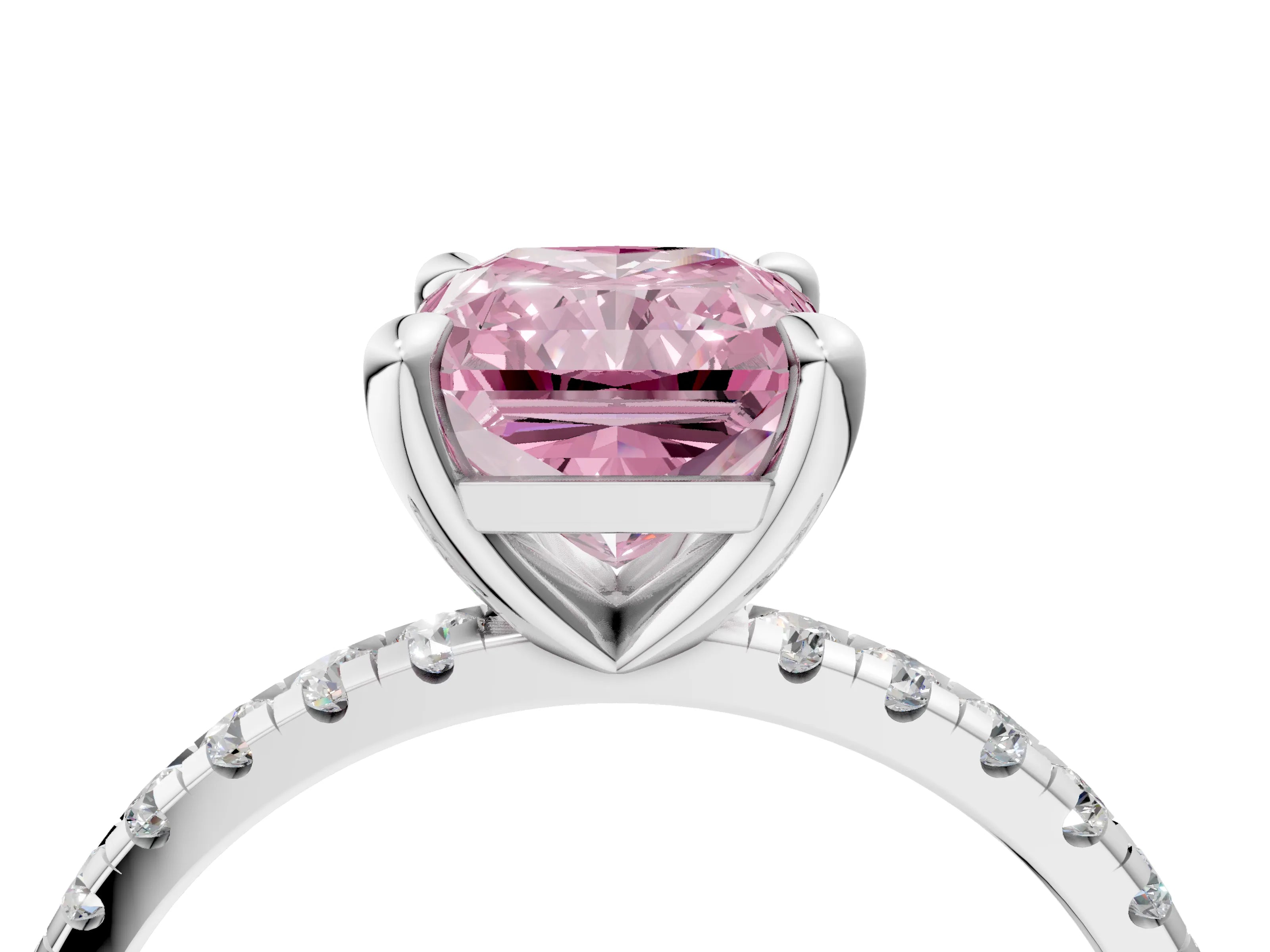 White gold Fancy Pink Radiant Cut Diamond Brilliant Solitaire Ring with Pavé Band and Four-Prong Setting_4