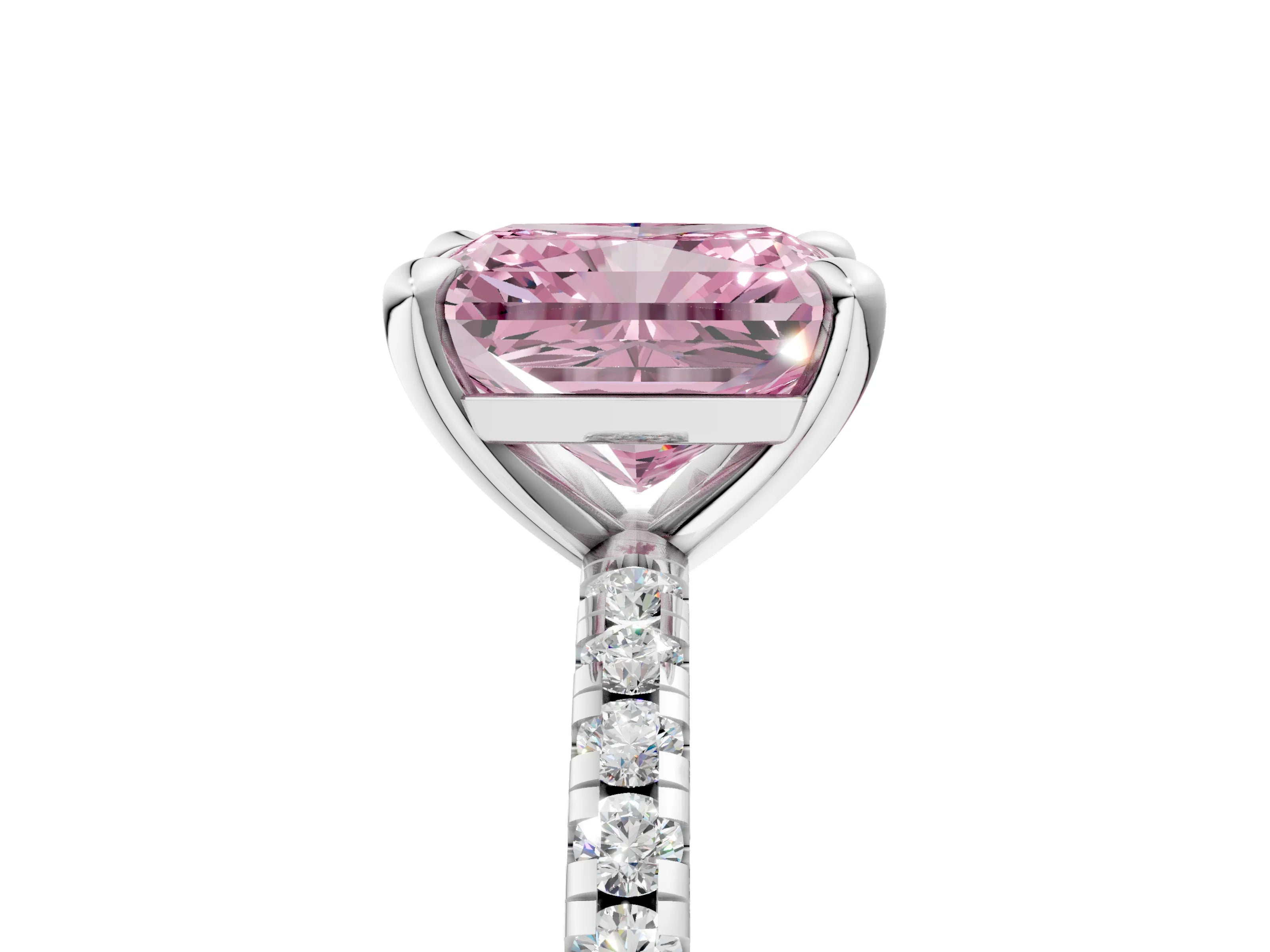 White gold Fancy Pink Radiant Cut Diamond Brilliant Solitaire Ring with Pavé Band and Four-Prong Setting_5