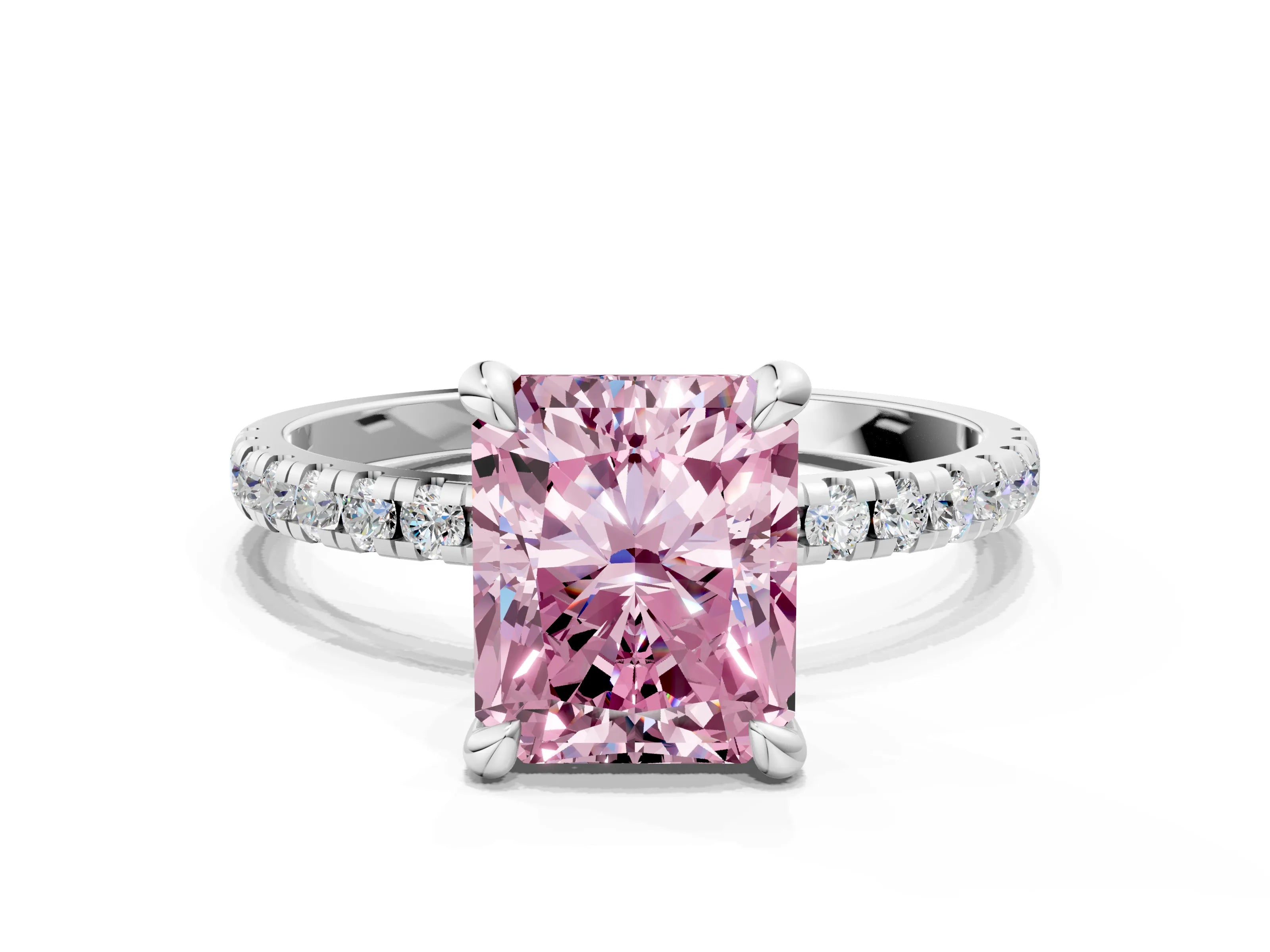 White gold Fancy Pink Radiant Cut Diamond Brilliant Solitaire Ring with Pavé Band and Four-Prong Setting