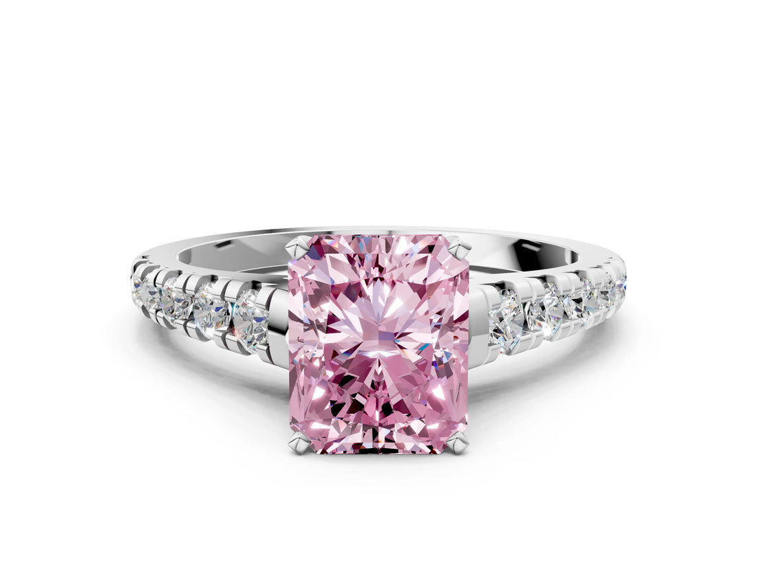 White gold Fancy Pink Radiant Cut Diamond Cathedral Solitaire Ring with Round  Pavé Band_217