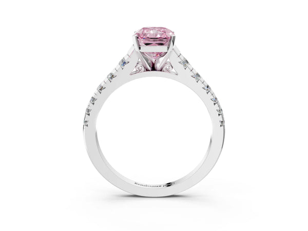 Platinum Radiant Cut Graduated Cathedral Engagement Ring Setting for Fancy Pink Center