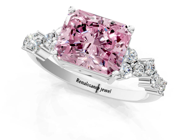 Platinum Fancy Pink Radiant Cut Diamond Cluster Pavé Band with Four-Prong Setting