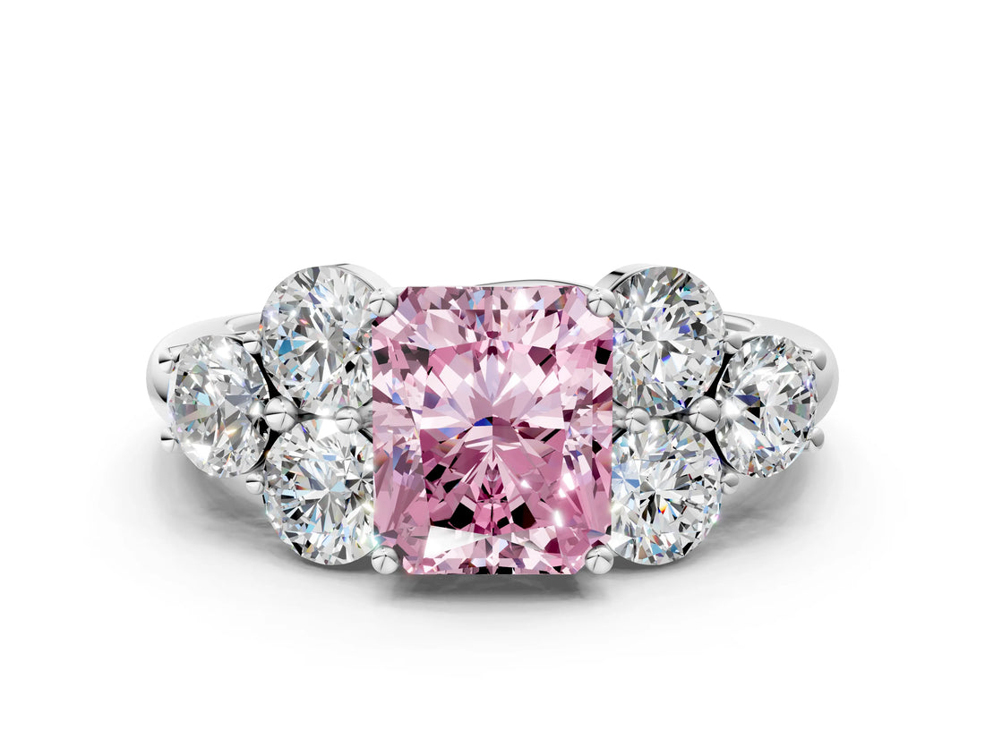 White gold Fancy Pink Radiant  Cut Diamond Cluster Ring with Round Accent Stones and Prong Setting on a Classic Band_49