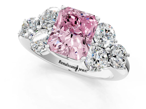 Platinum Fancy Pink Radiant  Cut Diamond Cluster Ring with Round Accent Stones and Prong Setting on a Classic Band