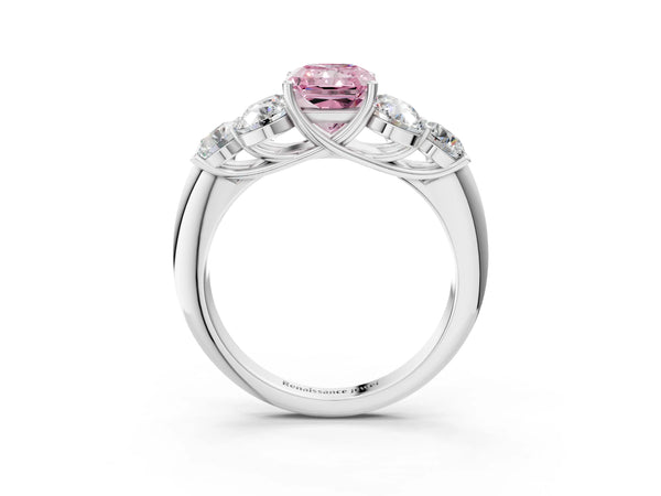 Platinum Fancy Pink Radiant  Cut Diamond Cluster Ring with Round Accent Stones and Prong Setting on a Classic Band