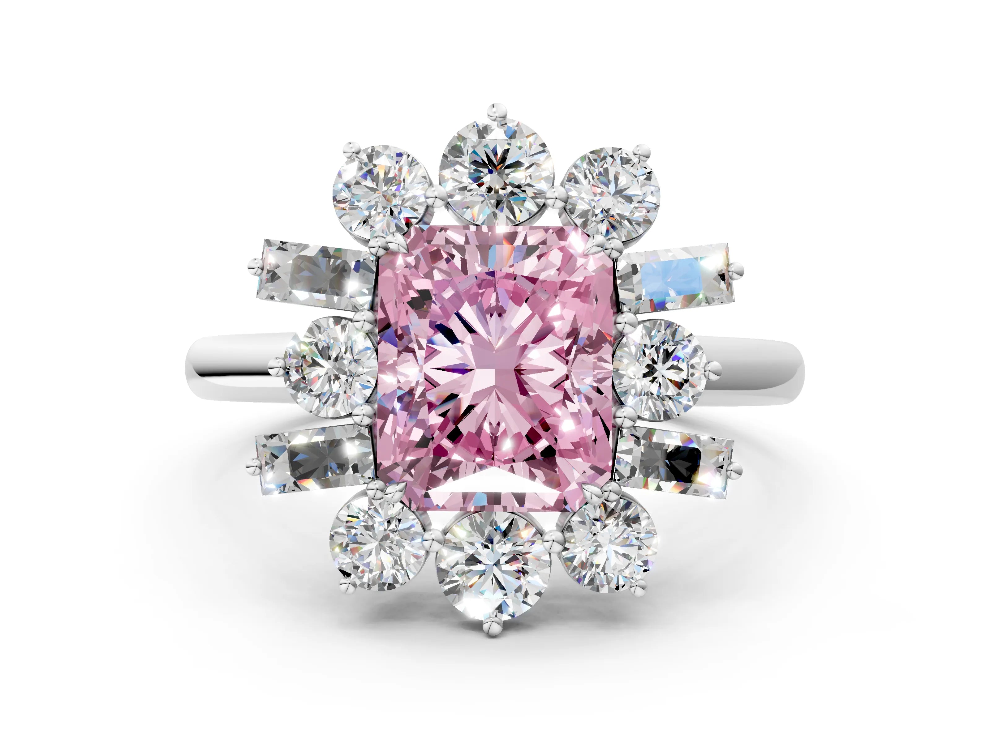 White gold Fancy Pink Radiant Cut Diamond Cluster Ring with Round and Baguette Stones, Split Shank Band, Prong Setting