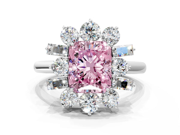 Platinum Fancy Pink Radiant Cut Diamond Cluster Ring with Round and Baguette Stones, Split Shank Band, Prong Setting
