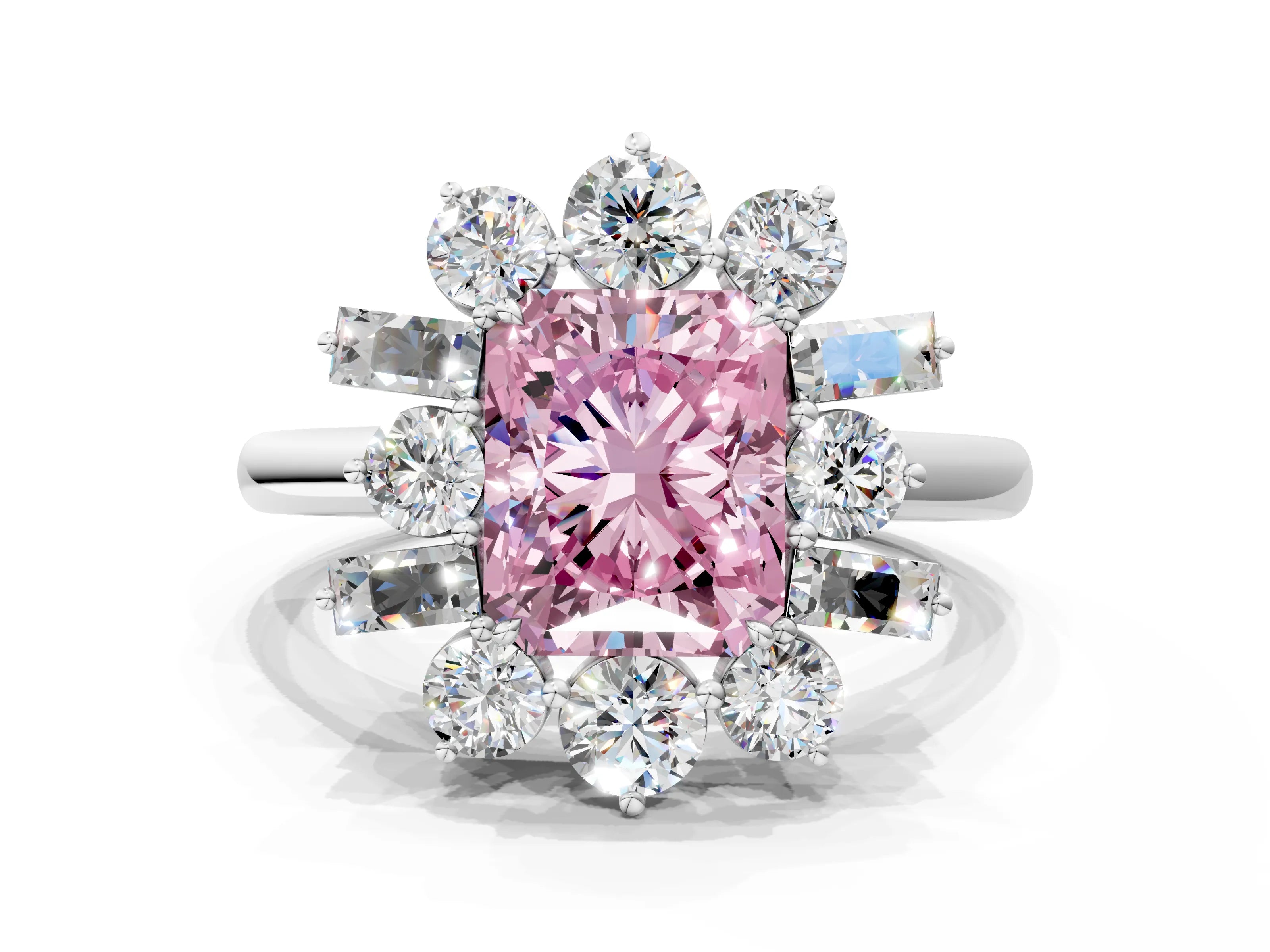 White gold Fancy Pink Radiant Cut Diamond Cluster Ring with Round and Baguette Stones, Split Shank Band, Prong Setting_12