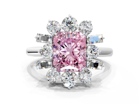 White gold Fancy Pink Radiant Cut Diamond Cluster Ring with Round and Baguette Stones, Split Shank Band, Prong Setting_12