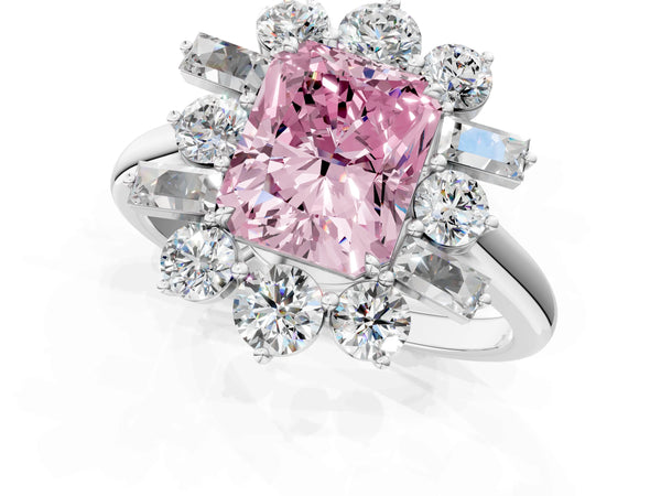 Platinum Fancy Pink Radiant Cut Diamond Cluster Ring with Round and Baguette Stones, Split Shank Band, Prong Setting