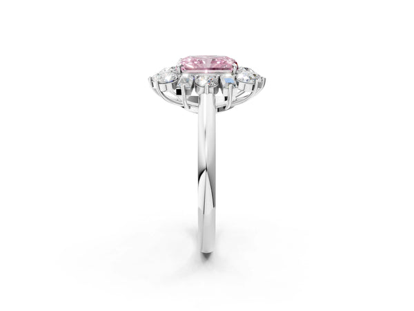 Platinum Fancy Pink Radiant Cut Diamond Cluster Ring with Round and Baguette Stones, Split Shank Band, Prong Setting