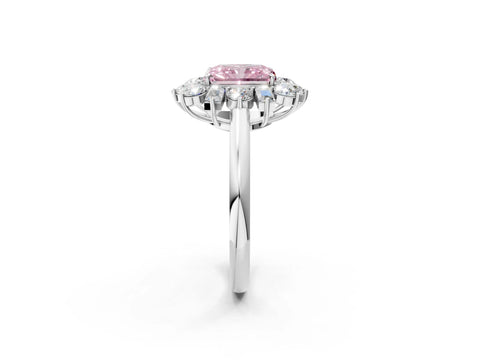 White gold Fancy Pink Radiant Cut Diamond Cluster Ring with Round and Baguette Stones, Split Shank Band, Prong Setting_14