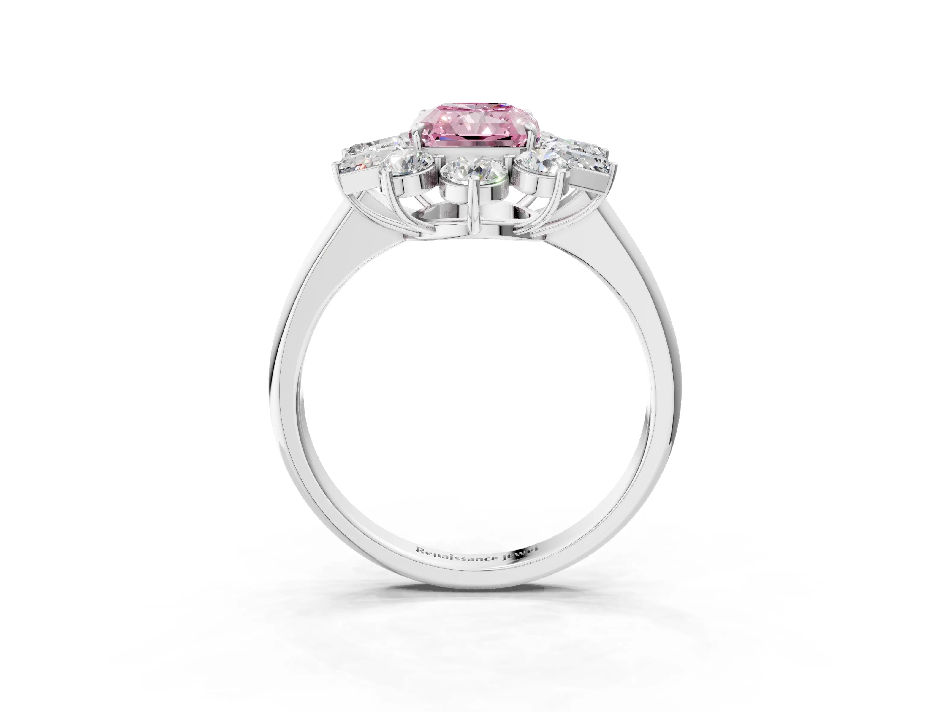 White gold Fancy Pink Radiant Cut Diamond Cluster Ring with Round and Baguette Stones, Split Shank Band, Prong Setting_15