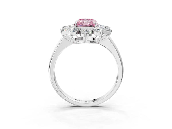 Platinum Fancy Pink Radiant Cut Diamond Cluster Ring with Round and Baguette Stones, Split Shank Band, Prong Setting