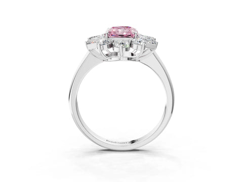 White gold Fancy Pink Radiant Cut Diamond Cluster Ring with Round and Baguette Stones, Split Shank Band, Prong Setting_15