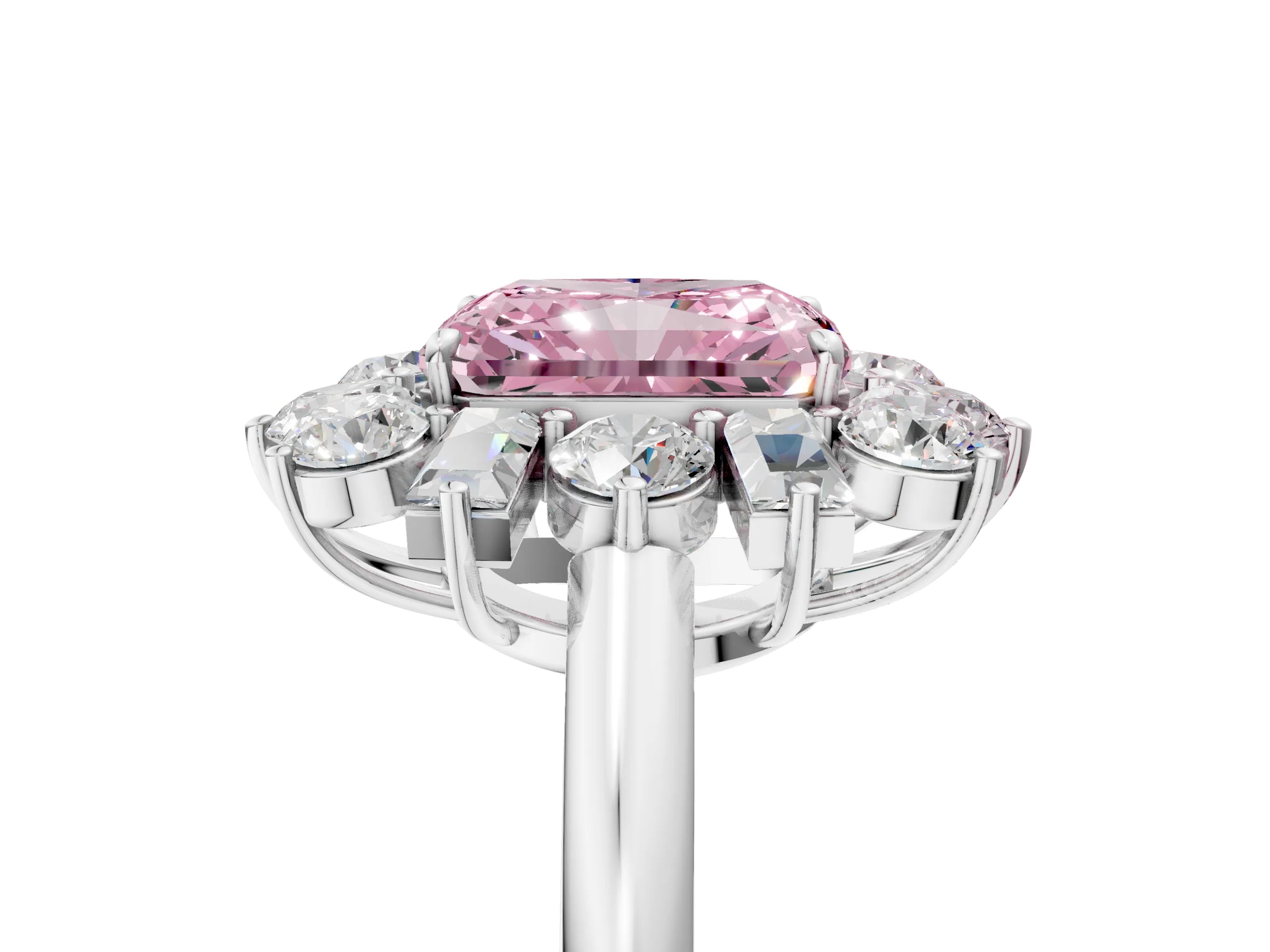 White gold Fancy Pink Radiant Cut Diamond Cluster Ring with Round and Baguette Stones, Split Shank Band, Prong Setting_17