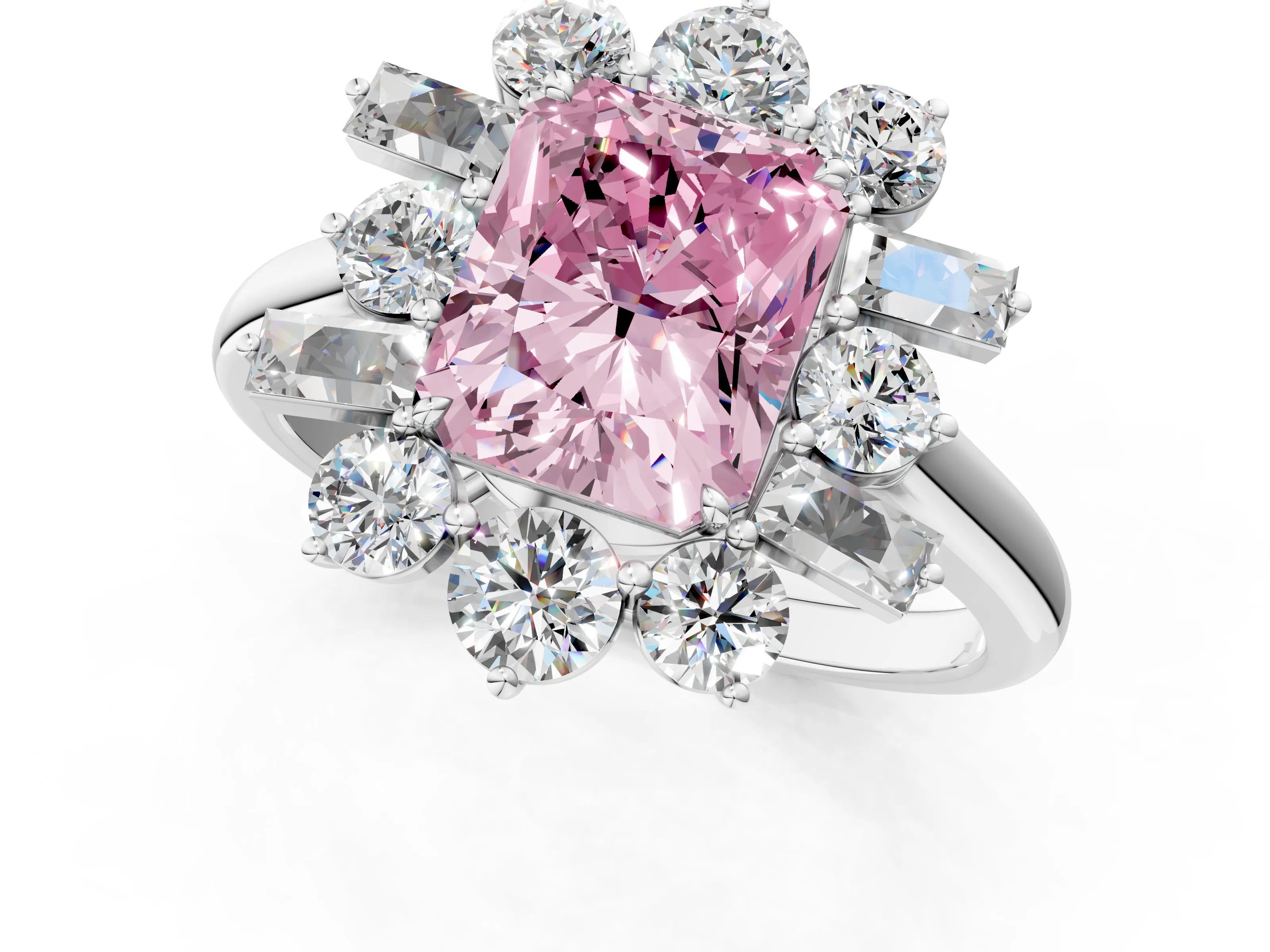 White gold Fancy Pink Radiant Cut Diamond Cluster Ring with Round and Baguette Stones, Split Shank Band, Prong Setting_1