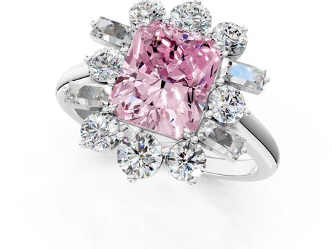 White gold Fancy Pink Radiant Cut Diamond Cluster Ring with Round and Baguette Stones, Split Shank Band, Prong Setting_1