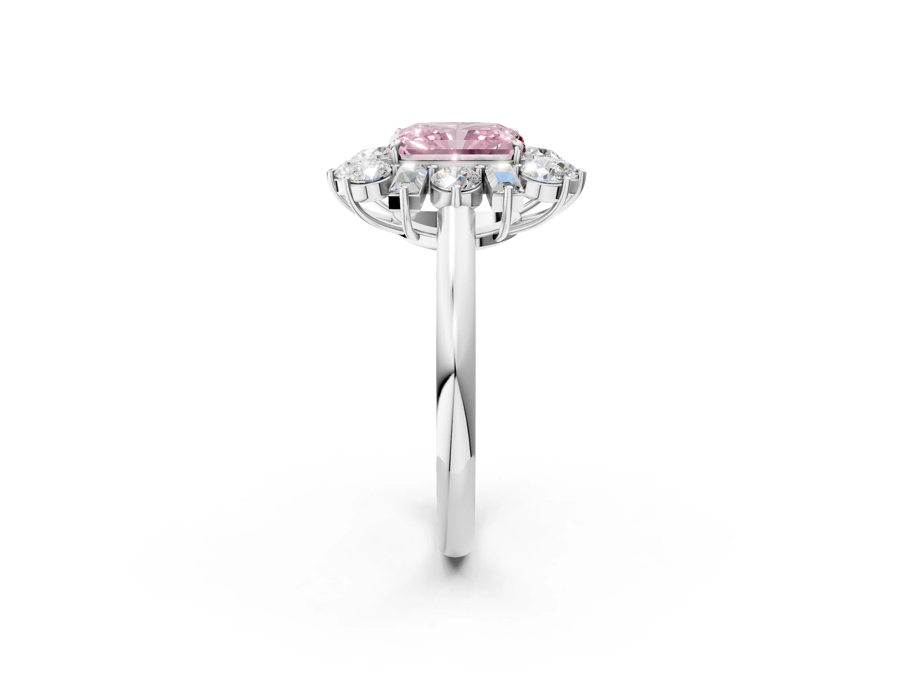 White gold Fancy Pink Radiant Cut Diamond Cluster Ring with Round and Baguette Stones, Split Shank Band, Prong Setting_2