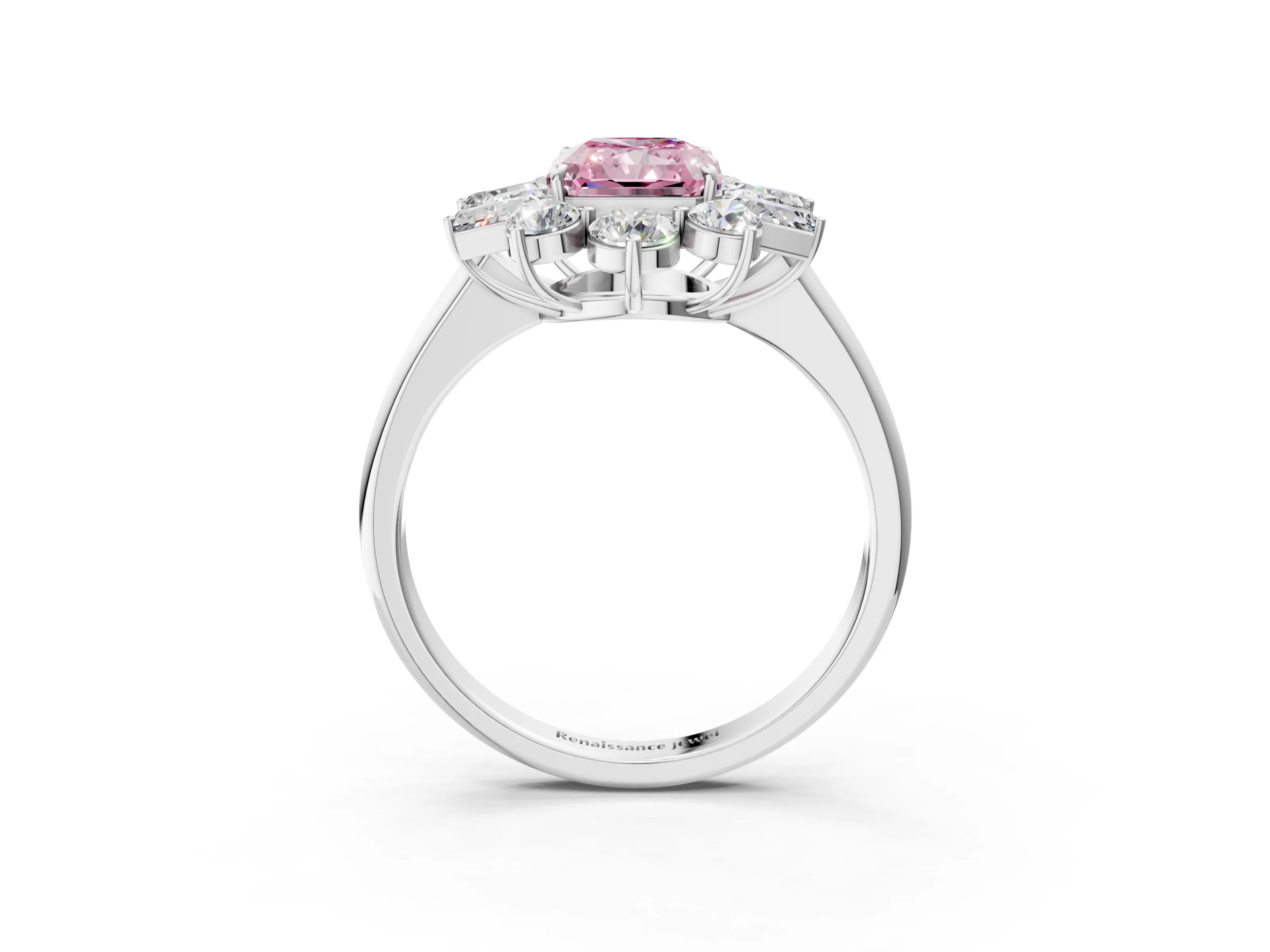 White gold Fancy Pink Radiant Cut Diamond Cluster Ring with Round and Baguette Stones, Split Shank Band, Prong Setting_3