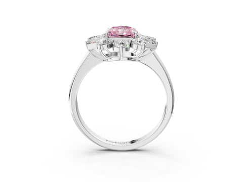White gold Fancy Pink Radiant Cut Diamond Cluster Ring with Round and Baguette Stones, Split Shank Band, Prong Setting_3