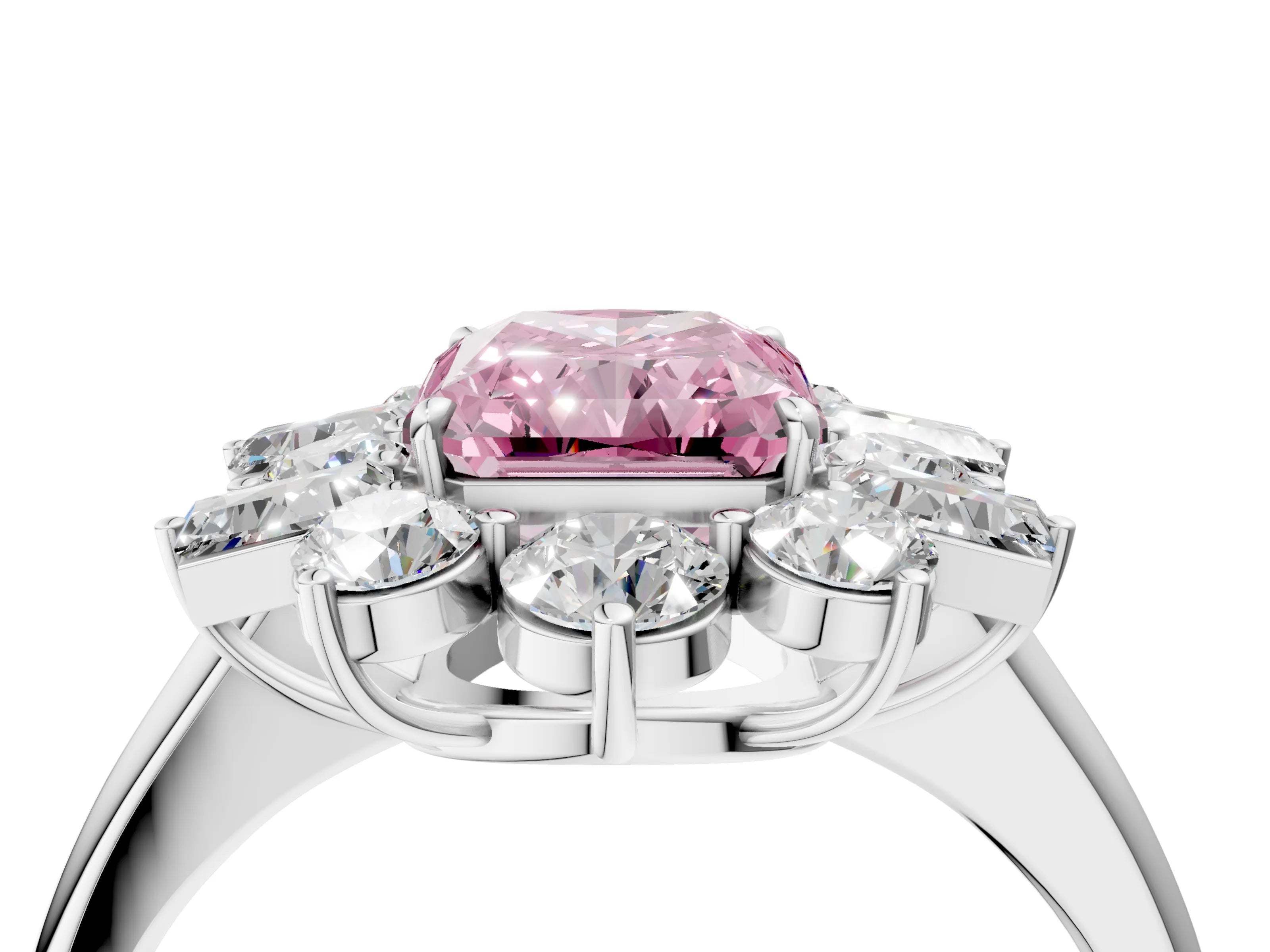White gold Fancy Pink Radiant Cut Diamond Cluster Ring with Round and Baguette Stones, Split Shank Band, Prong Setting_4