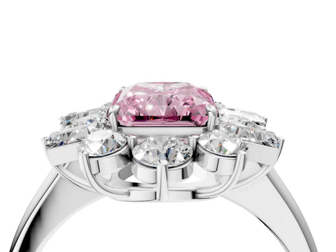 White gold Fancy Pink Radiant Cut Diamond Cluster Ring with Round and Baguette Stones, Split Shank Band, Prong Setting_4
