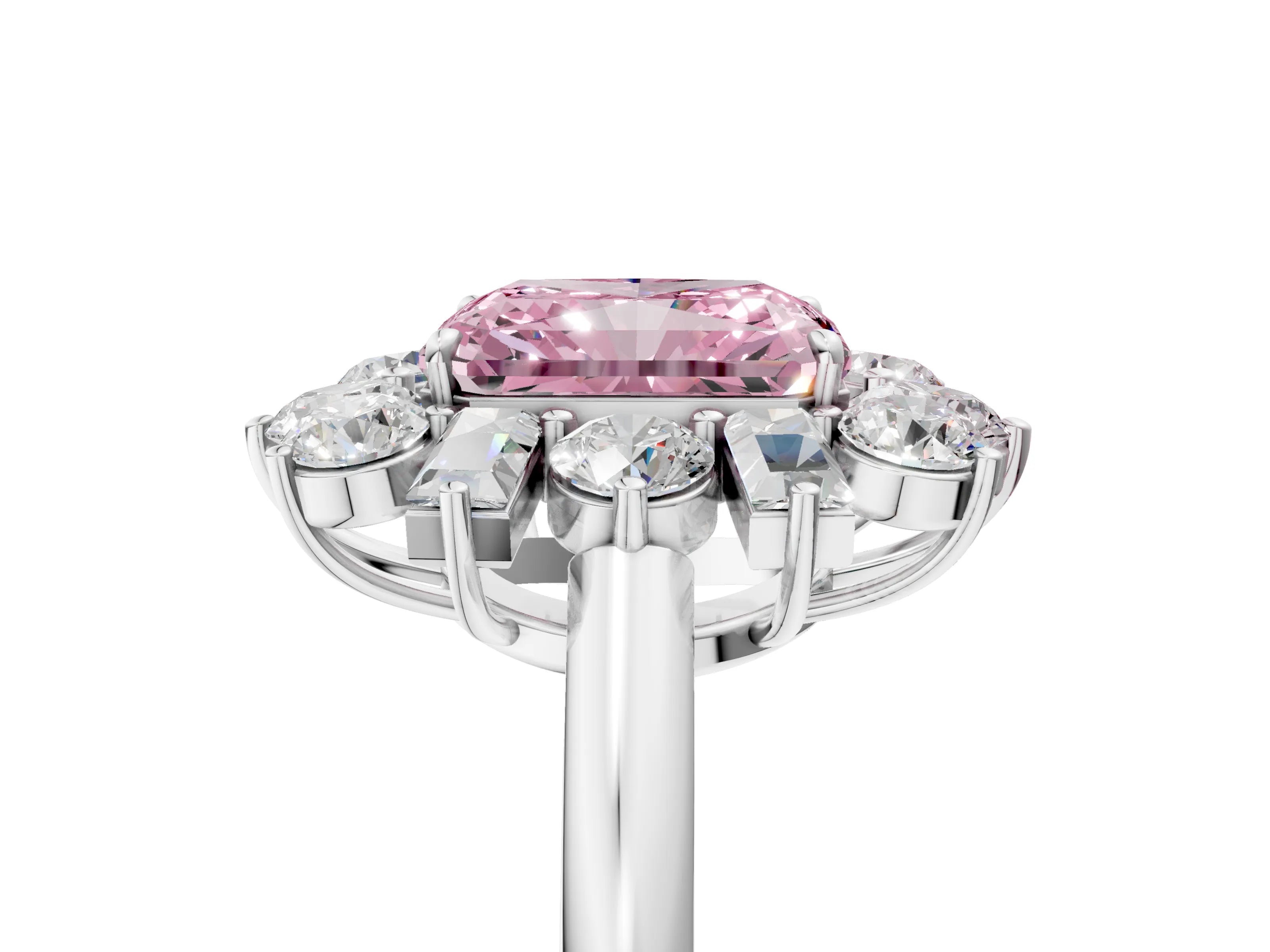 White gold Fancy Pink Radiant Cut Diamond Cluster Ring with Round and Baguette Stones, Split Shank Band, Prong Setting_5