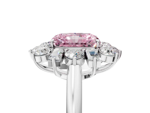 White gold Fancy Pink Radiant Cut Diamond Cluster Ring with Round and Baguette Stones, Split Shank Band, Prong Setting_5