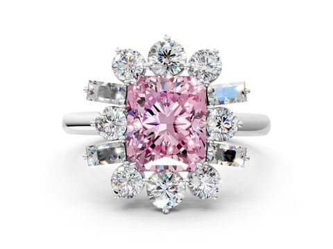 White gold Fancy Pink Radiant Cut Diamond Cluster Ring with Round and Baguette Stones, Split Shank Band, Prong Setting