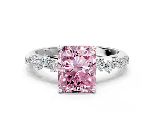 White gold Fancy Pink Radiant Cut Diamond Cluster Side Stone Solitaire Ring with Prong Setting