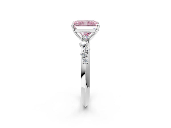 White gold Fancy Pink Radiant Cut Diamond Cluster Side Stone Solitaire Ring with Prong Setting