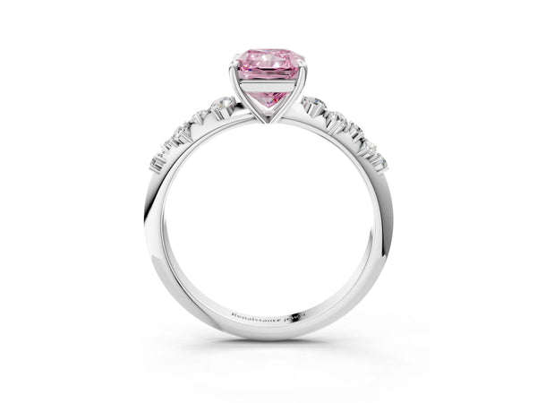 White gold Fancy Pink Radiant Cut Diamond Cluster Side Stone Solitaire Ring with Prong Setting