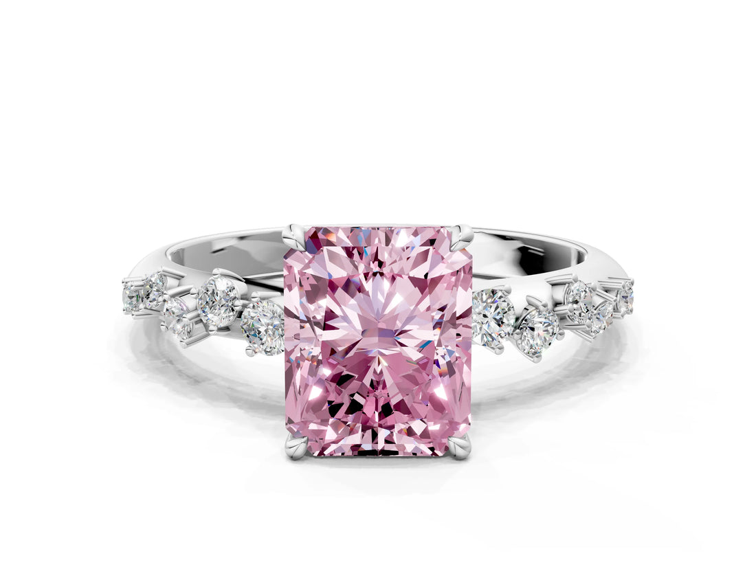 White gold Fancy Pink Radiant Cut Diamond Cluster Side Stone Solitaire Ring with Prong Setting_93