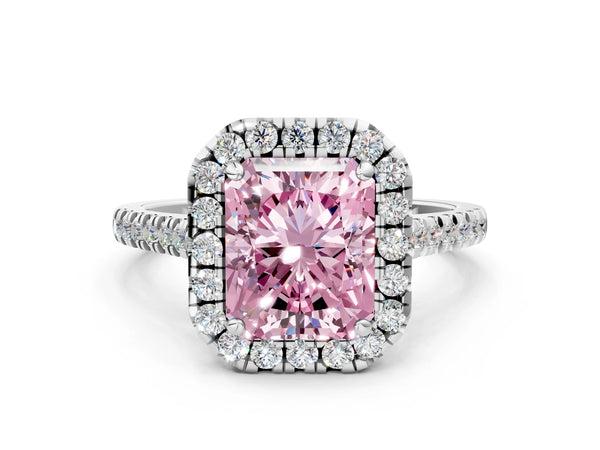 White gold Fancy Pink Radiant Cut Diamond Cushion Halo Ring with Pavé Band