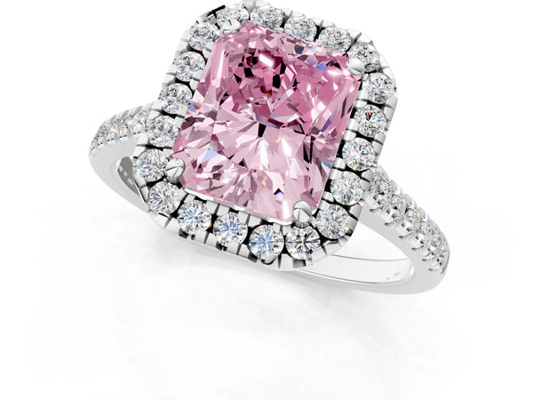 White gold Fancy Pink Radiant Cut Diamond Cushion Halo Ring with Pavé Band