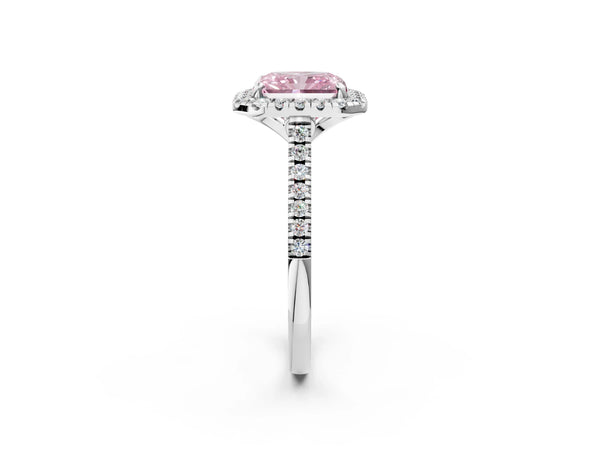 White gold Fancy Pink Radiant Cut Diamond Cushion Halo Ring with Pavé Band
