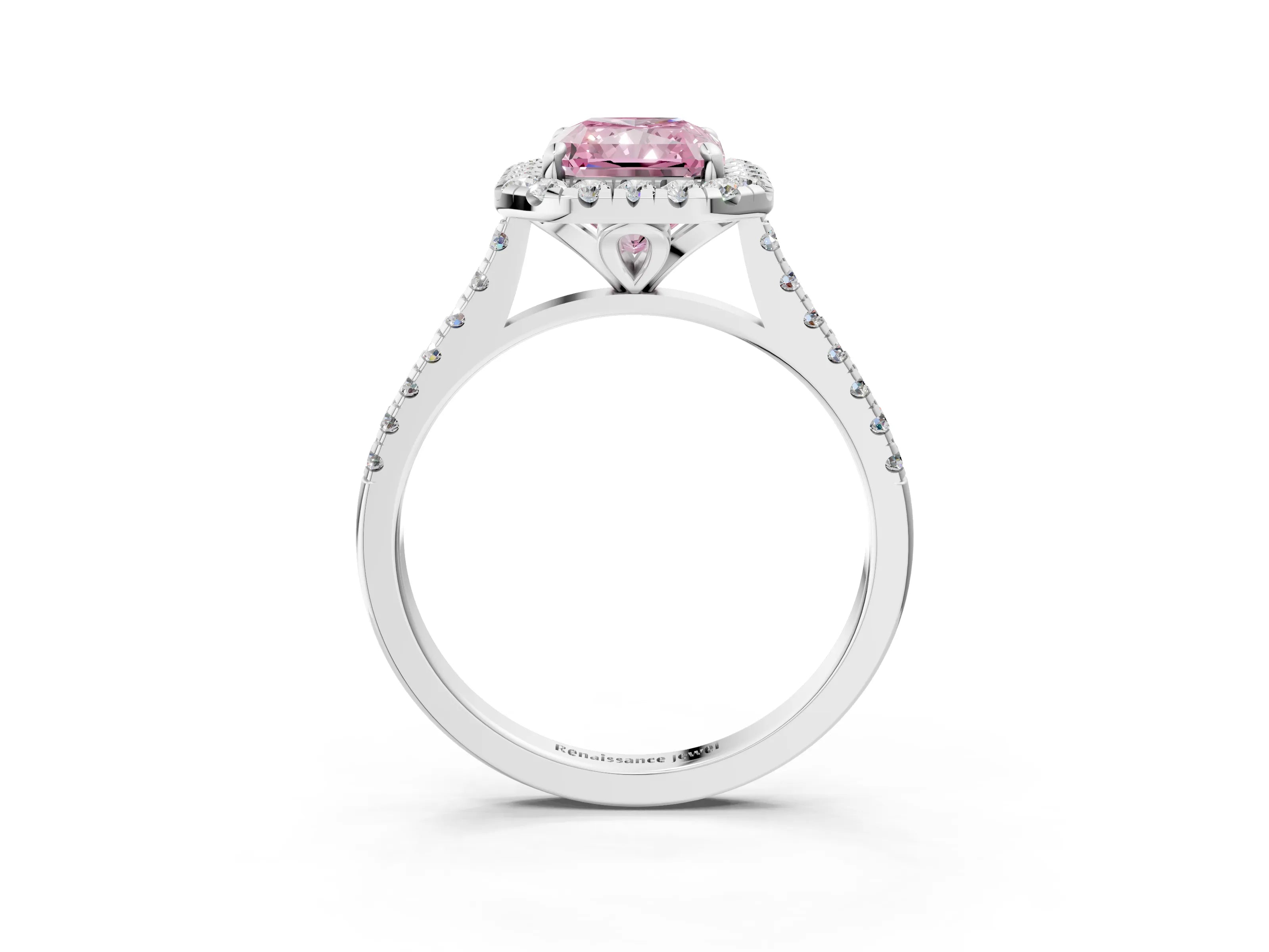 White gold Fancy Pink Radiant Cut Diamond Cushion Halo Ring with Pavé Band_15