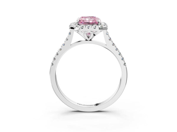 White gold Fancy Pink Radiant Cut Diamond Cushion Halo Ring with Pavé Band
