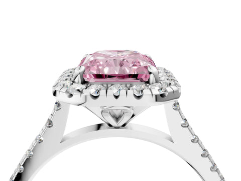 White gold Fancy Pink Radiant Cut Diamond Cushion Halo Ring with Pavé Band_16