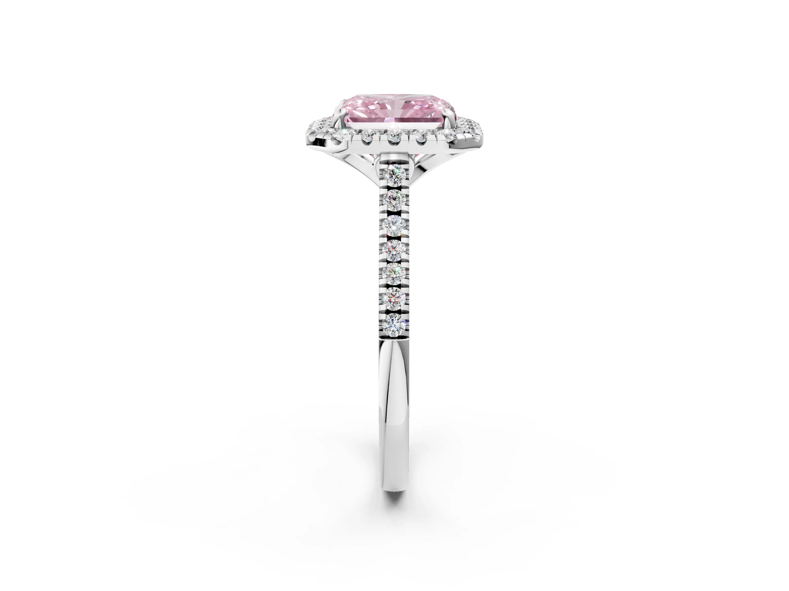 White gold Fancy Pink Radiant Cut Diamond Cushion Halo Ring with Pavé Band_2