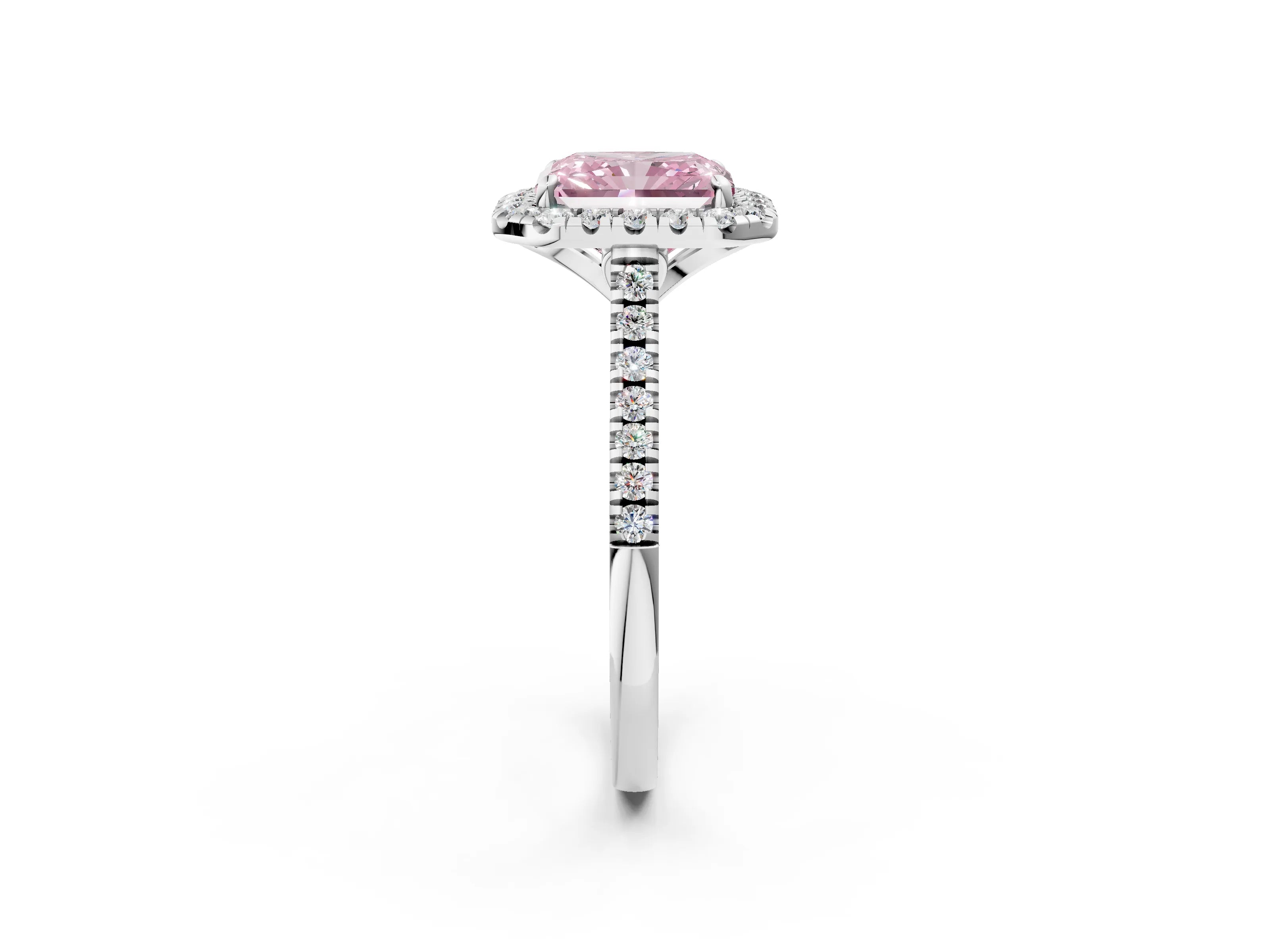 White gold Fancy Pink Radiant Cut Diamond Cushion Halo Ring with Pavé Band_2