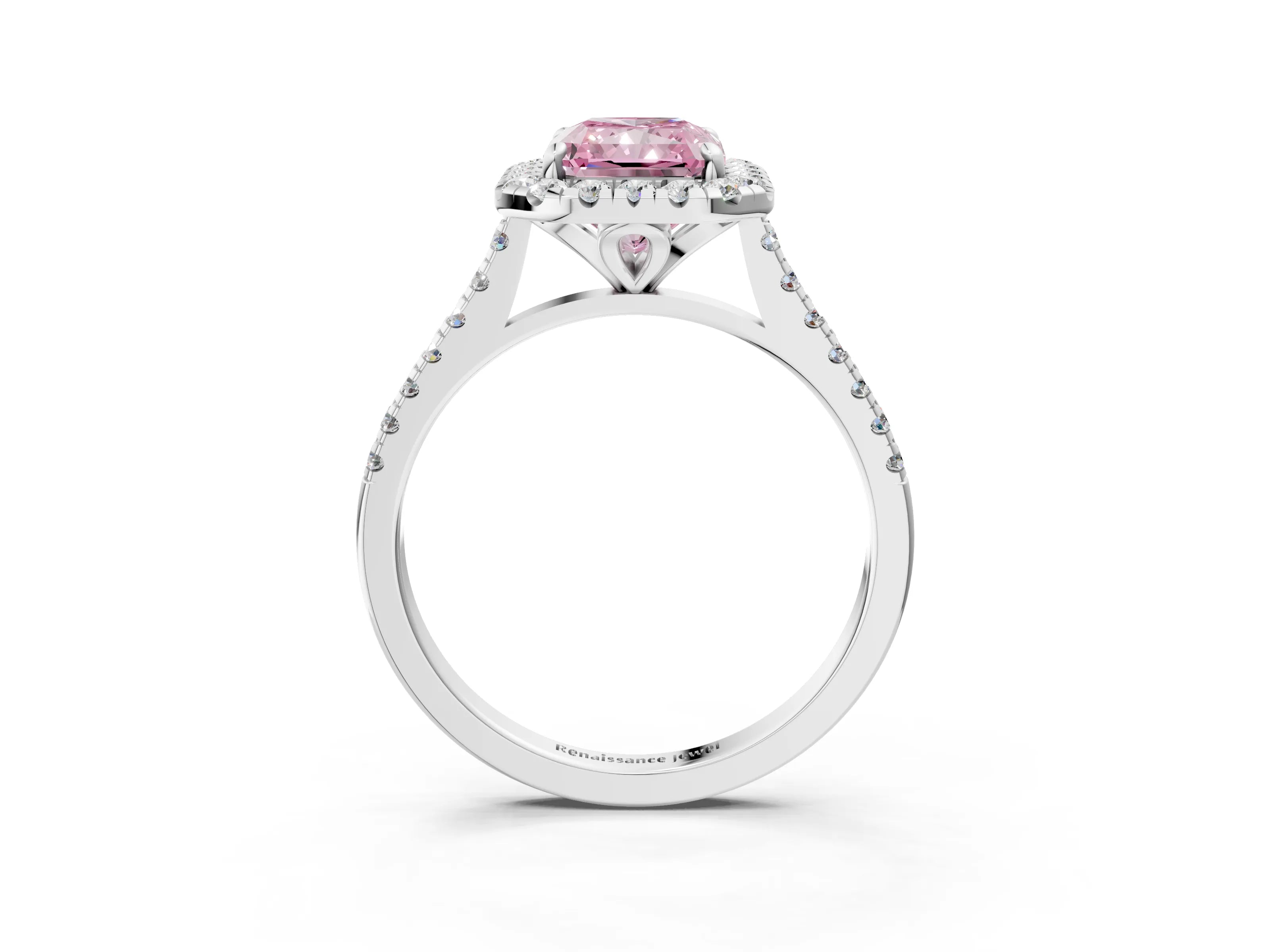 White gold Fancy Pink Radiant Cut Diamond Cushion Halo Ring with Pavé Band_3