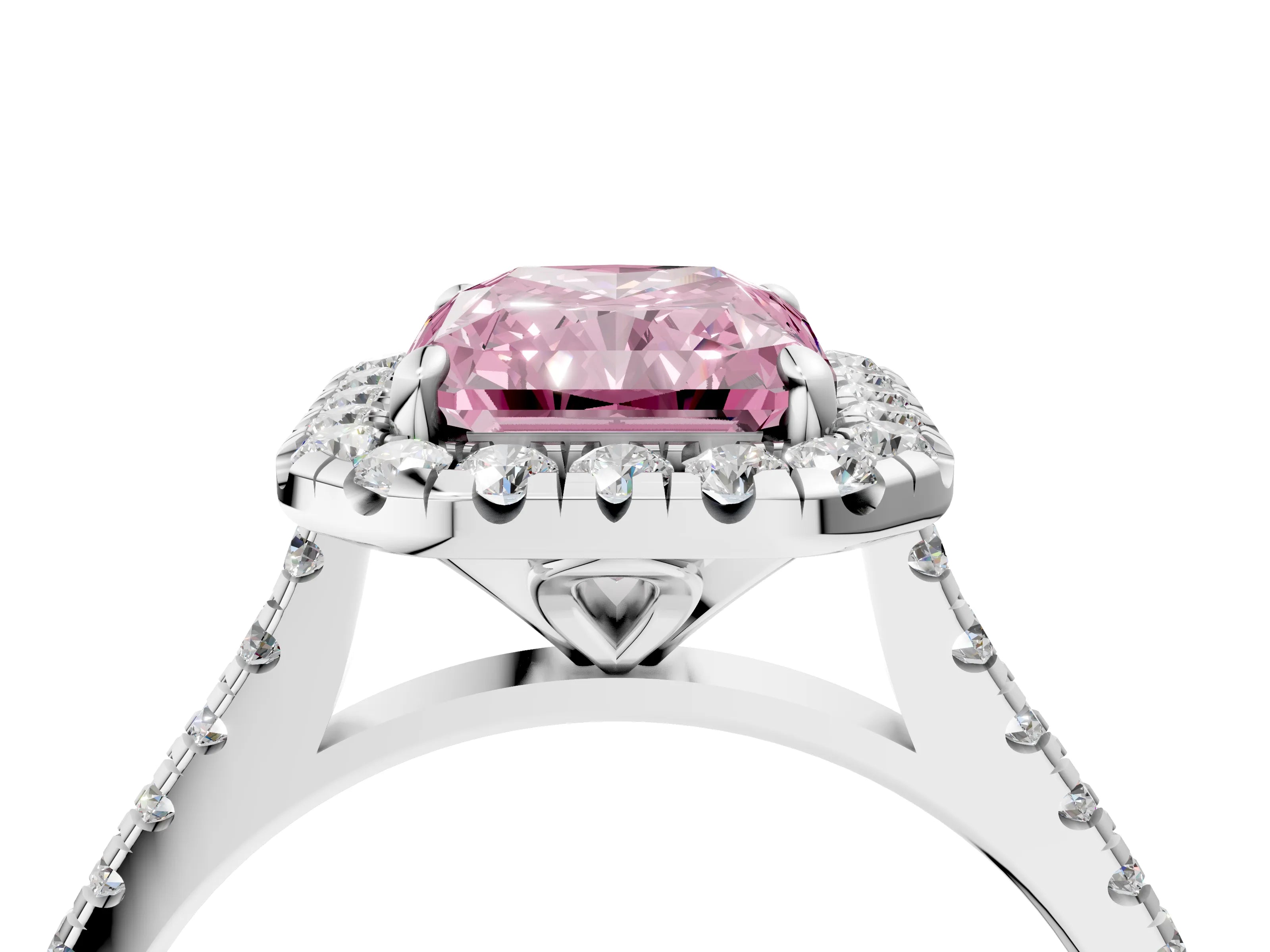 White gold Fancy Pink Radiant Cut Diamond Cushion Halo Ring with Pavé Band_4