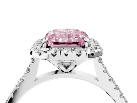 White gold Fancy Pink Radiant Cut Diamond Cushion Halo Ring with Pavé Band_4