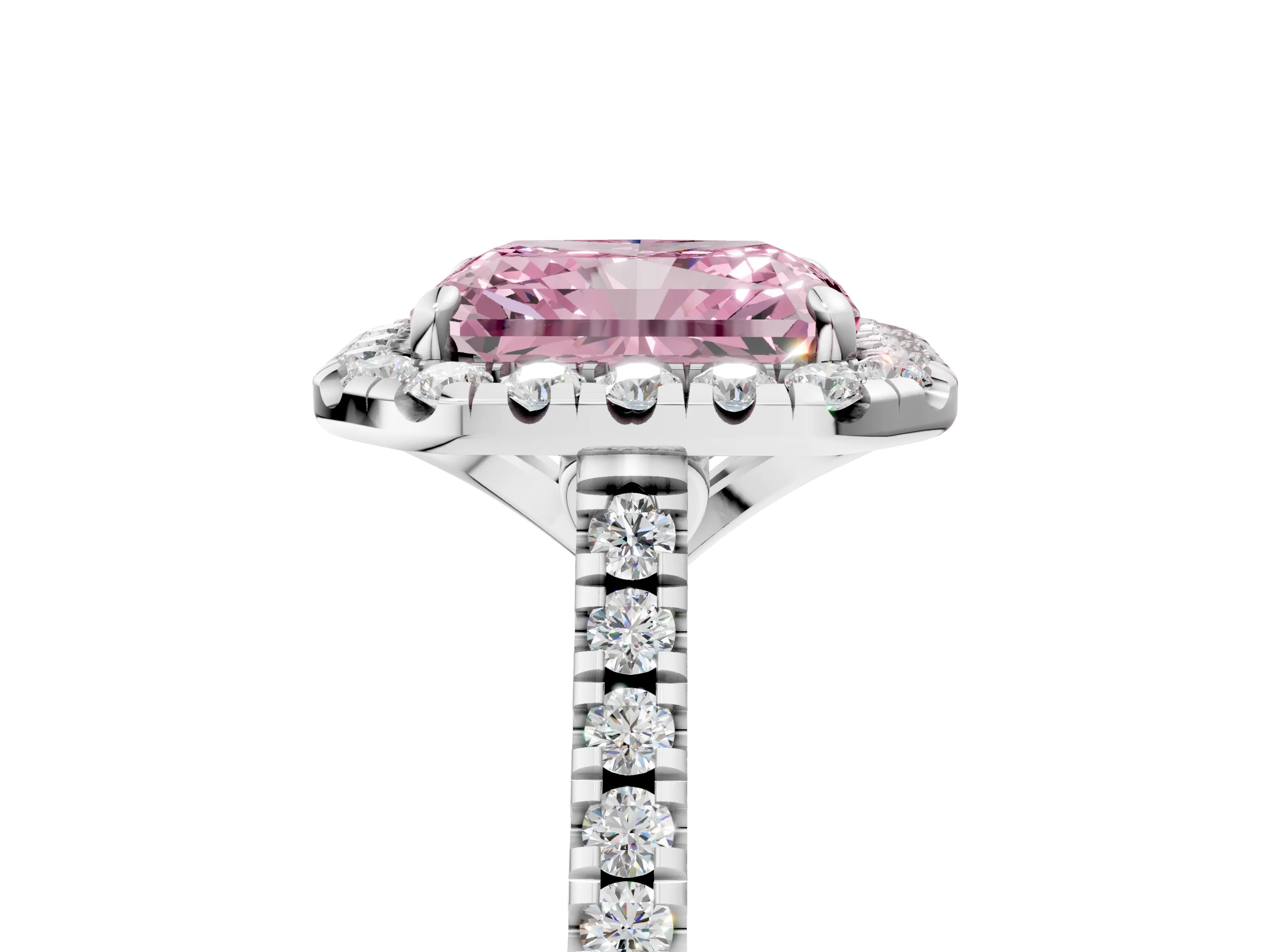White gold Fancy Pink Radiant Cut Diamond Cushion Halo Ring with Pavé Band_5